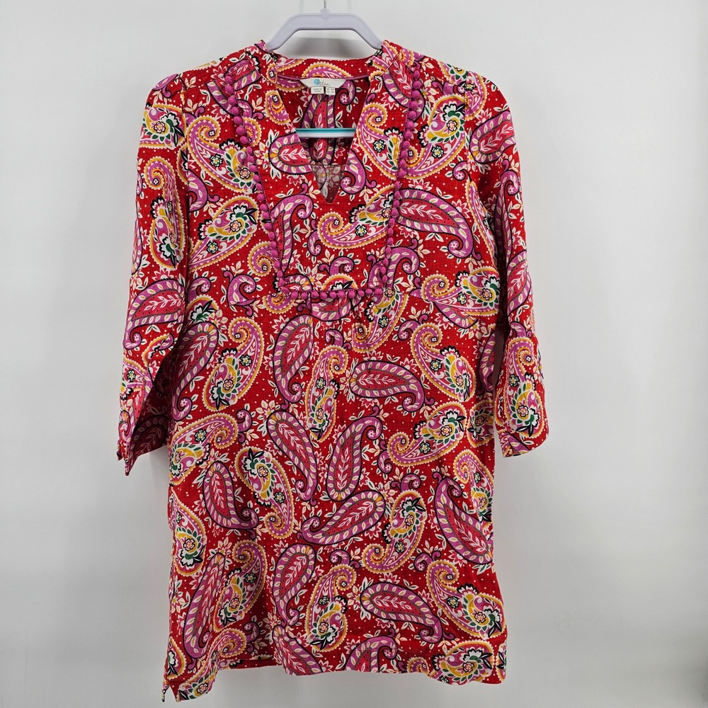 Boden Tunic Dress Womens 4R Red Paisley 100% Linen Pom Pom Trim 3/4 Sleeve W0294